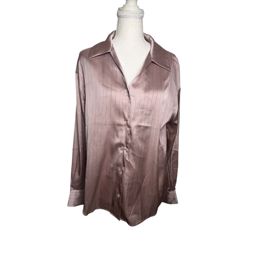 Pleione Women’s Mauve Pink Satin Blouse Metallic Pinstripe Button Down